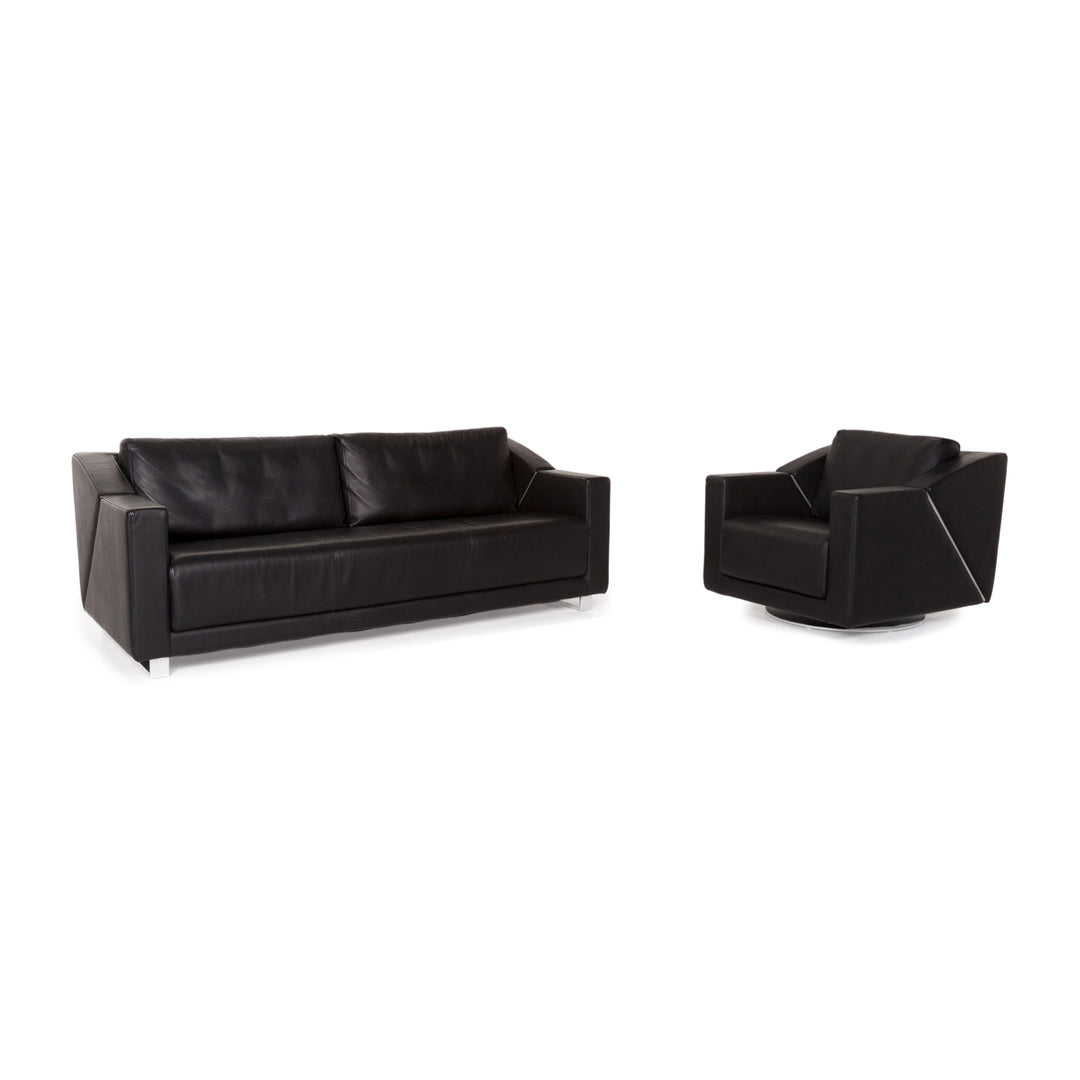 Rolf Benz 350 Leder Sofa Garnitur Schwarz 1x Zweisitzer 1x Sessel #13420