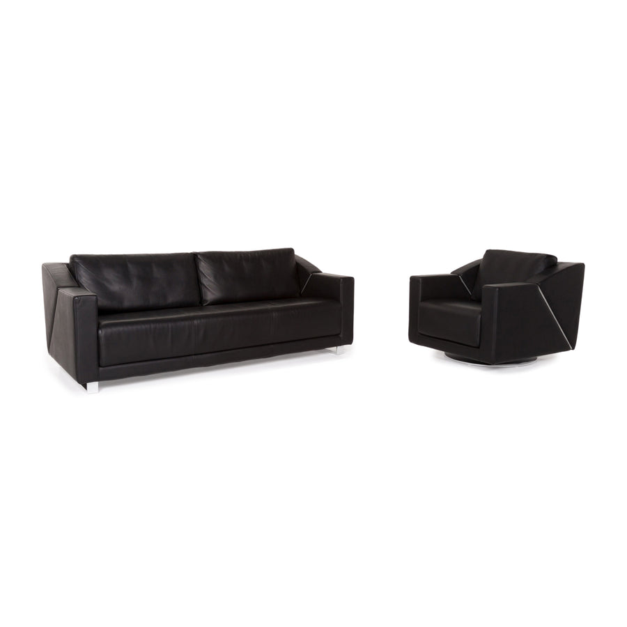 Rolf Benz 350 Leder Sofa Garnitur Schwarz 1x Zweisitzer 1x Sessel #13420