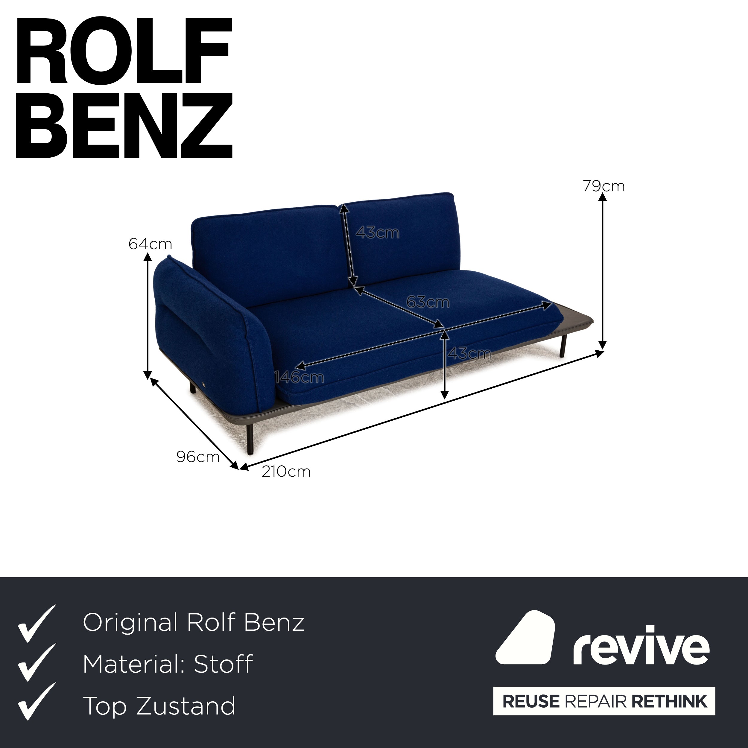 Rolf Benz 515 Addit Stoff Zweisitzer Blau Ledergestell Sofa Couch