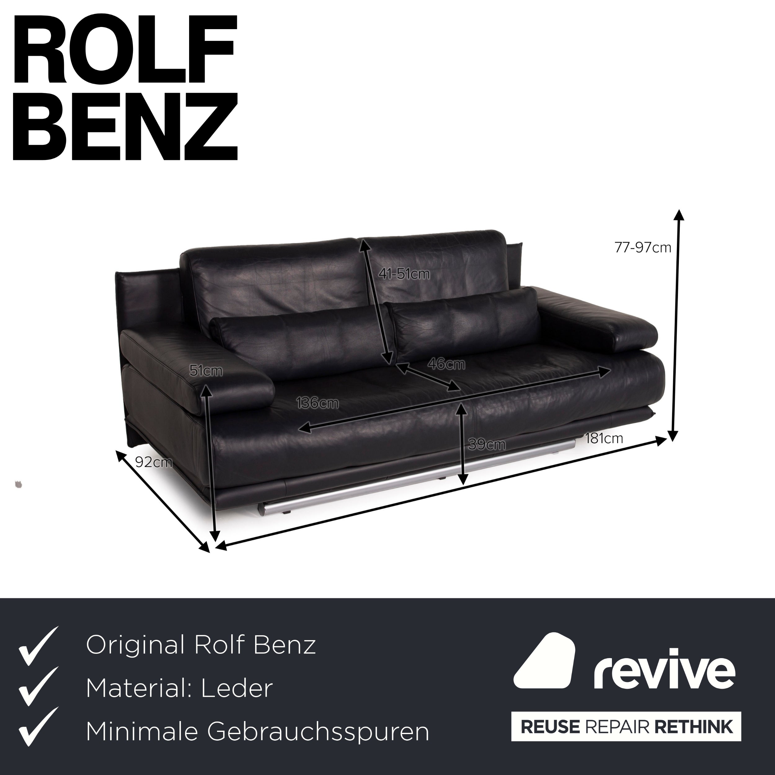 Rolf Benz 6500 Leder Sofa Dunkelblau Zweisitzer Funktion