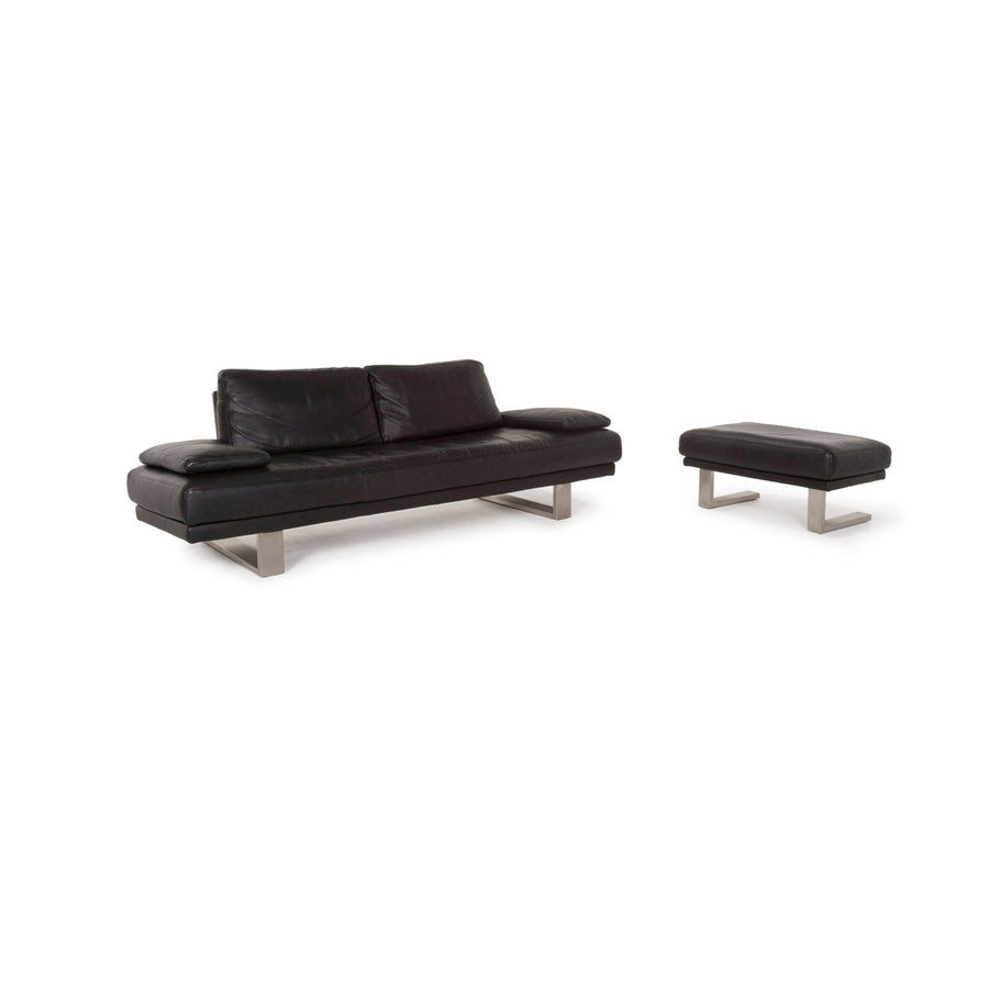 Rolf Benz 6600 Leder Sofa Garnitur Schwarz Dreisitzer Hocker #13164