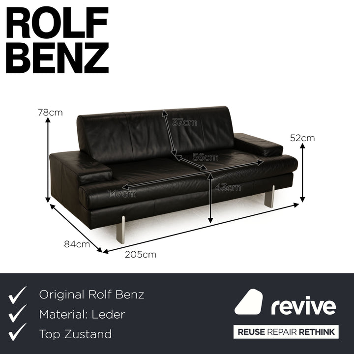 Rolf Benz AK 644 Leather Three Seater Black Sofa Couch