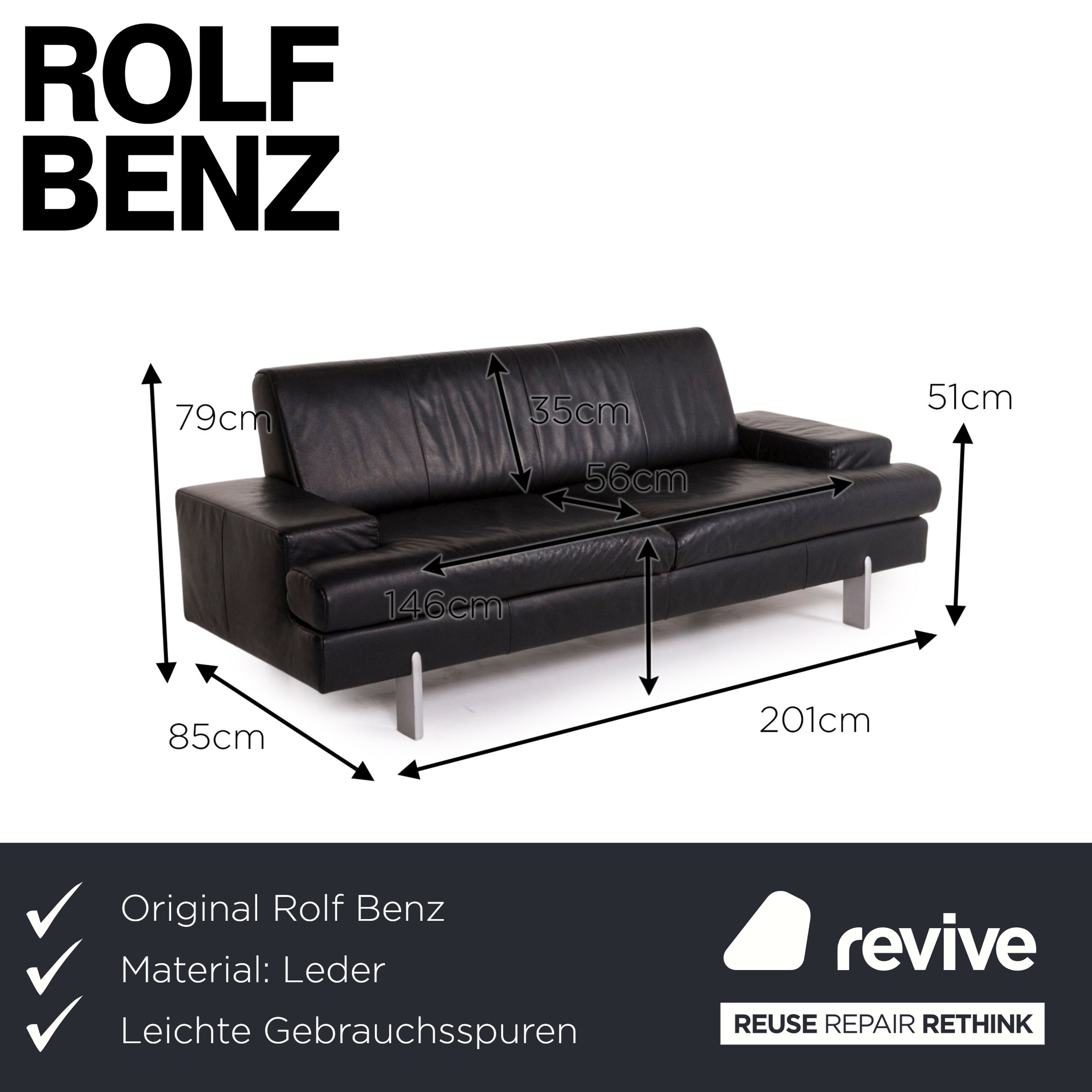 Rolf Benz AK 644 Leder Sofa Schwarz Zweisitzer #12310