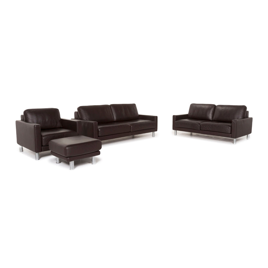 Rolf Benz leather sofa set brown dark brown 1x three-seater 1x two-seater 1x armchair 1x stool #13025