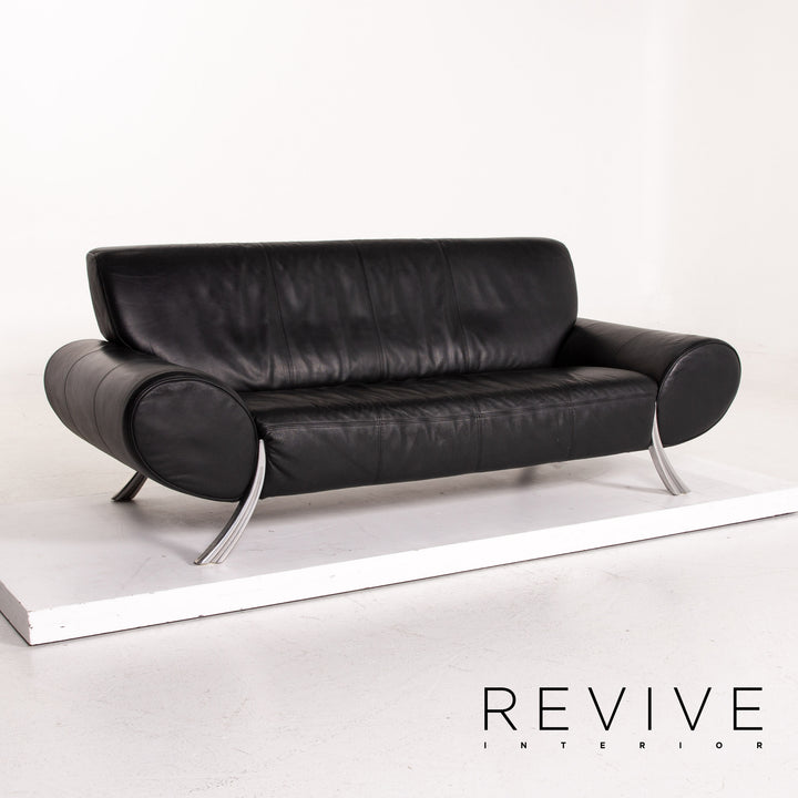 Rolf Benz leather sofa set black 2x three-seater #14995