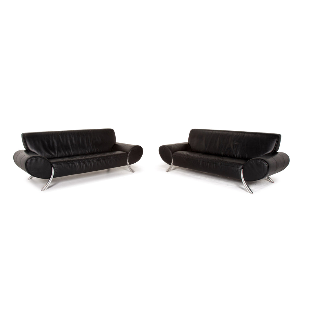 Rolf Benz leather sofa set black 2x three-seater #14995