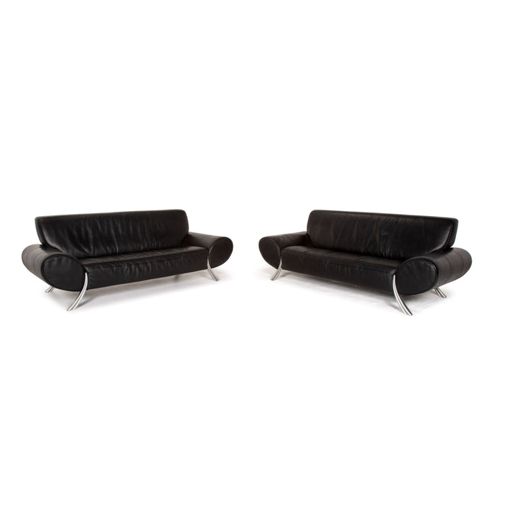 Rolf Benz leather sofa set black 2x three-seater #14995