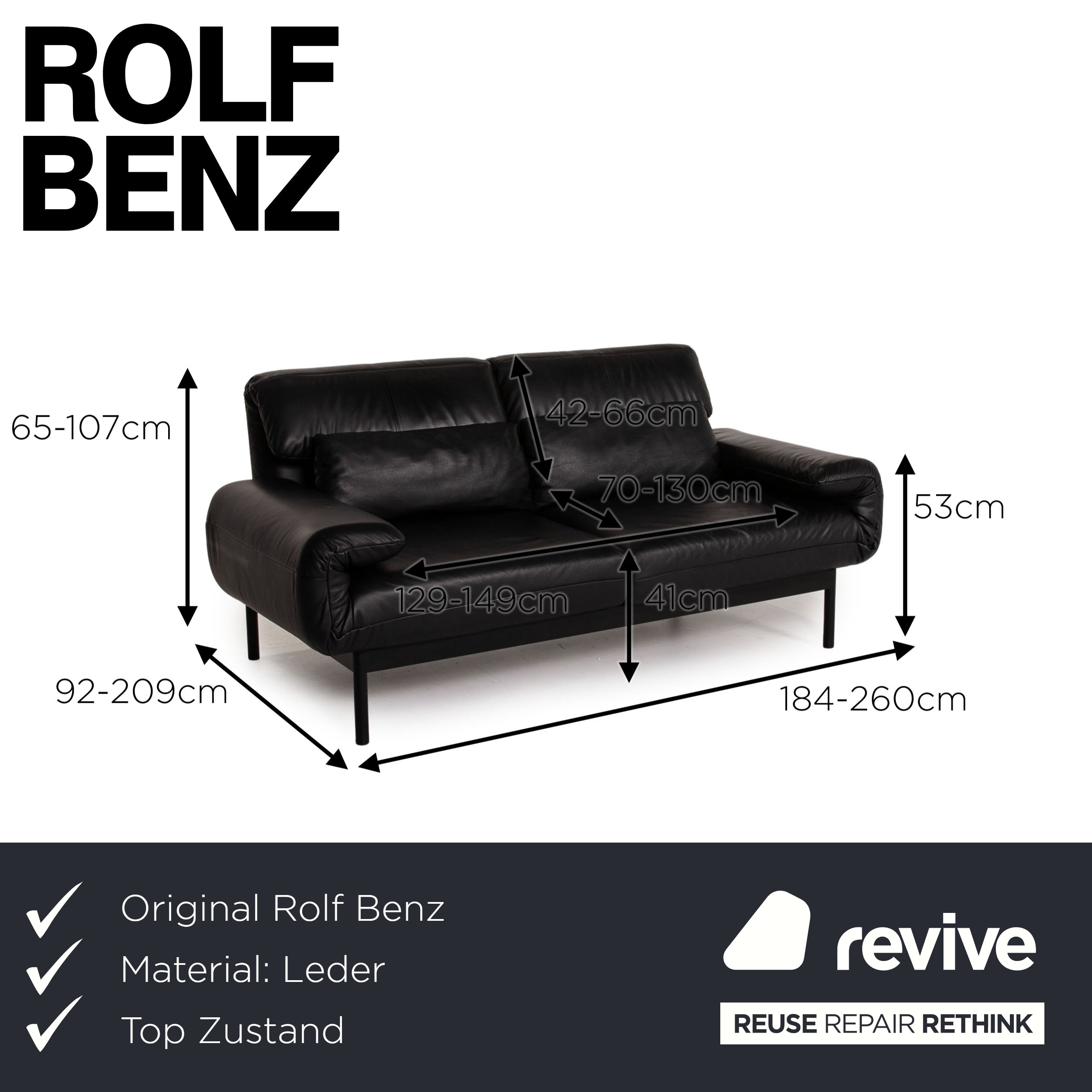 Rolf Benz Plura Leder Sofa Schwarz Zweisitzer Couch Funktion Relaxfunktion