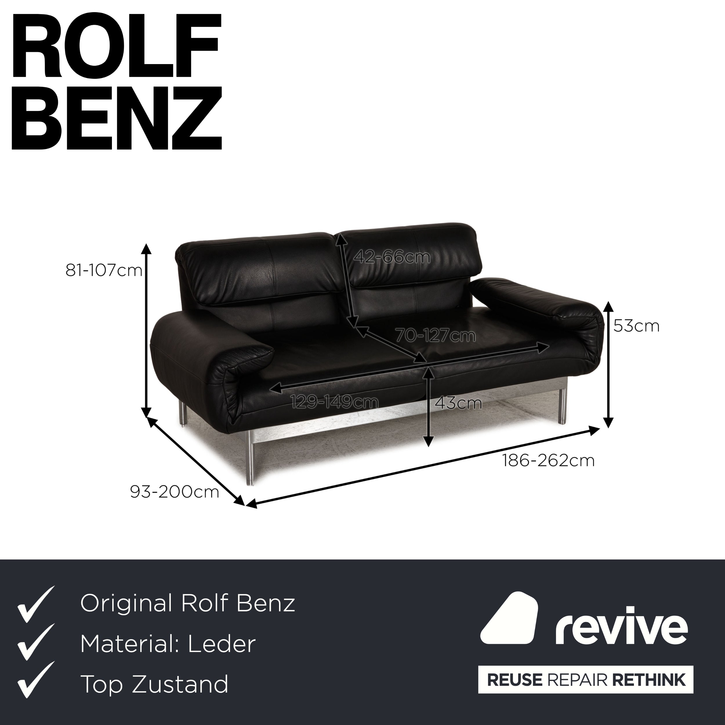 Rolf Benz Plura Leder Sofa Schwarz Zweisitzer Couch Funktion Relaxfunktion