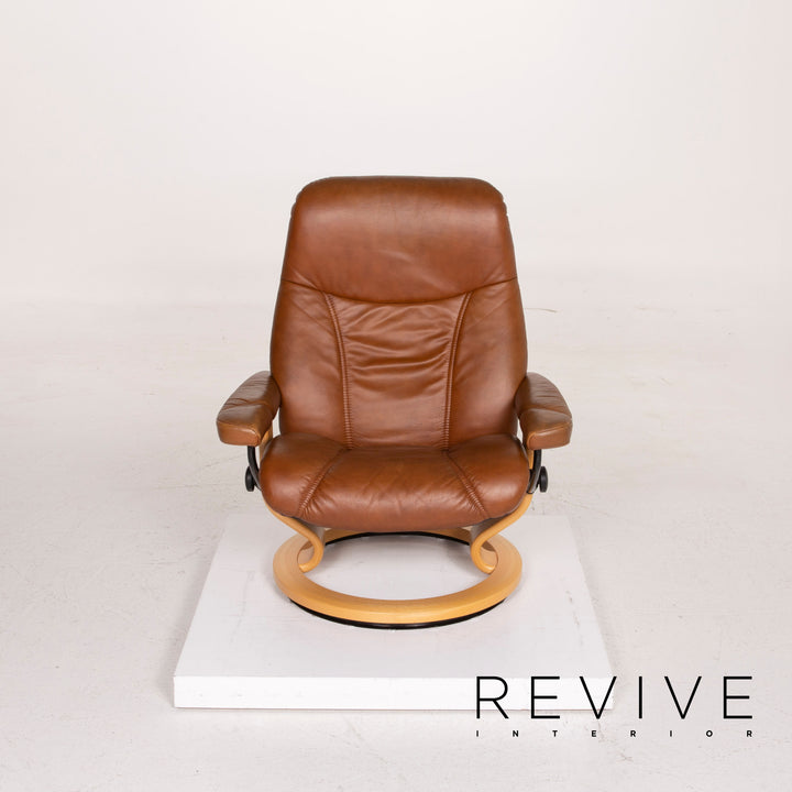 Fauteuil en cuir Stressless Consul cognac avec tabouret fonction relaxation #14871