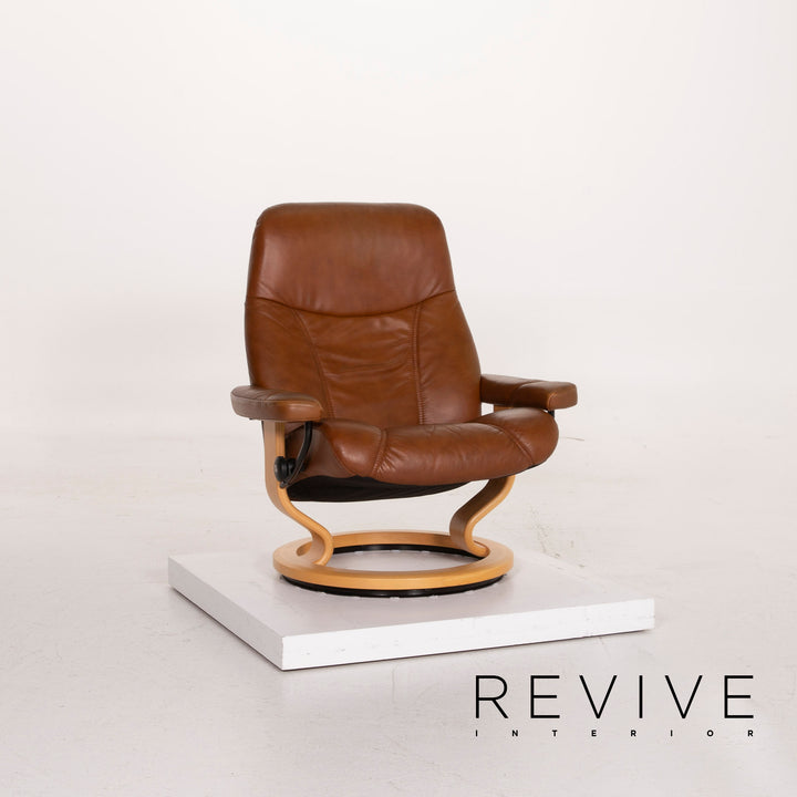 Fauteuil en cuir Stressless Consul cognac avec tabouret fonction relaxation #14871