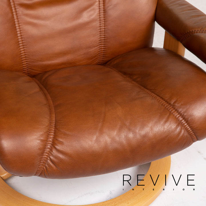 Fauteuil en cuir Stressless Consul cognac avec tabouret fonction relaxation #14871