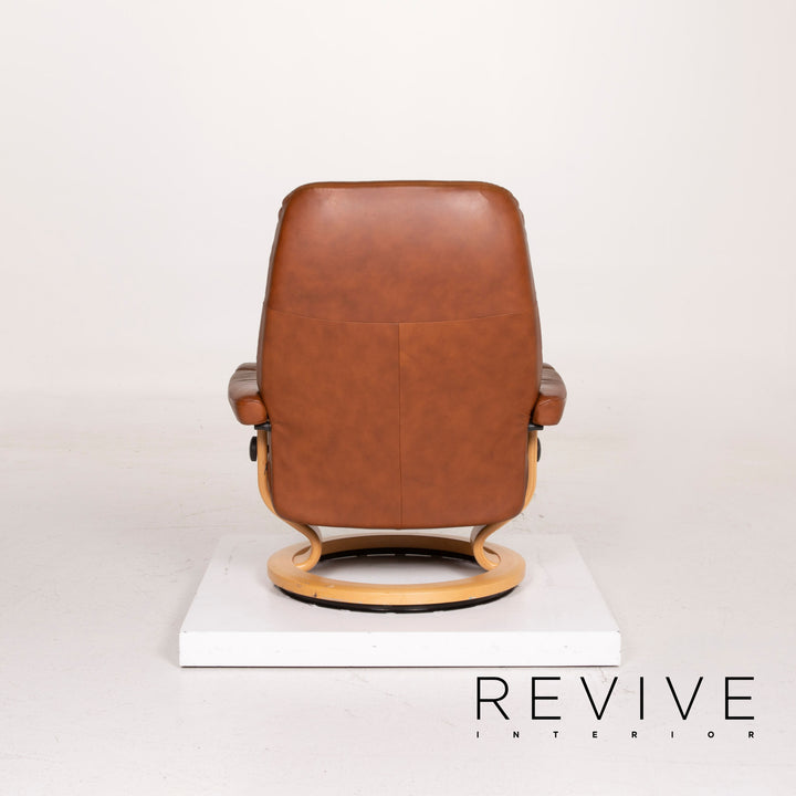 Fauteuil en cuir Stressless Consul cognac avec tabouret fonction relaxation #14871