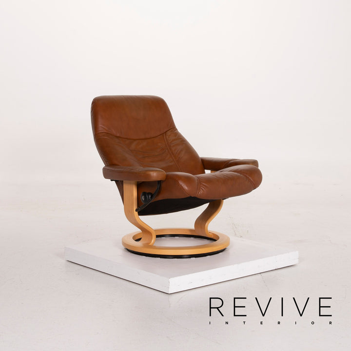 Fauteuil en cuir Stressless Consul cognac avec tabouret fonction relaxation #14871
