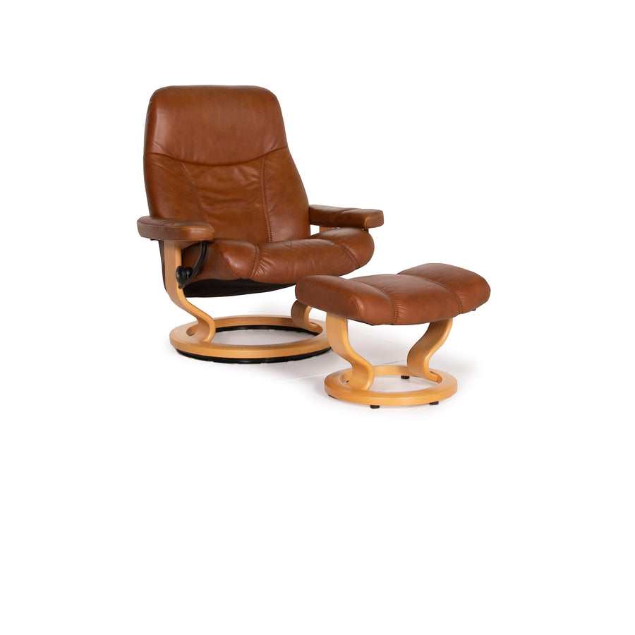 Fauteuil en cuir Stressless Consul cognac avec tabouret fonction relaxation #14871