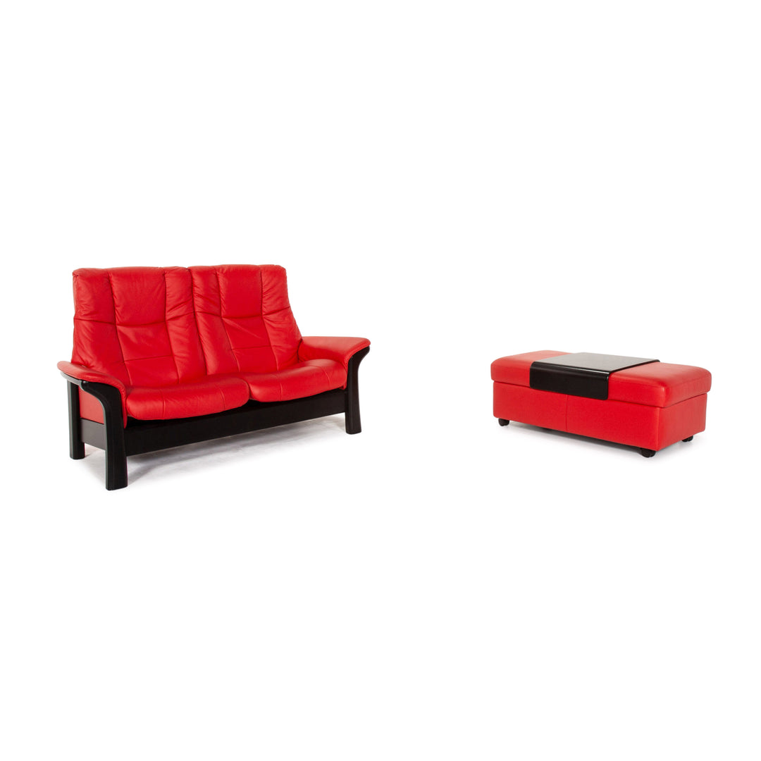 Stressless Leder Holz Sofa Garnitur Rot Schwarz 1x Zweisitzer 1x Hocker #14762
