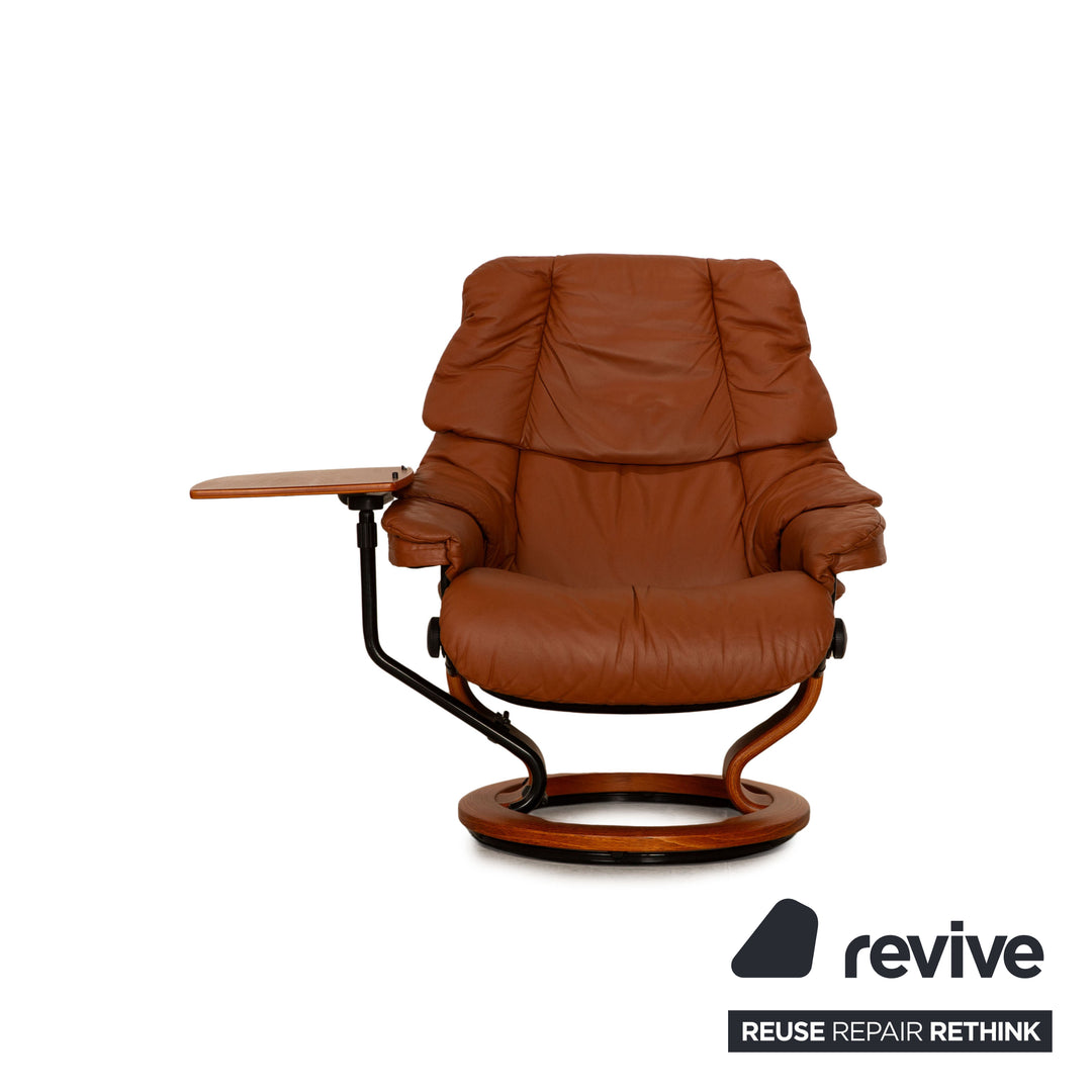 Stressless Reno Leder Sessel Cognac Größe S inkl. Hocker manuelle Relaxfunktion Relaxsessel Beistelltisch