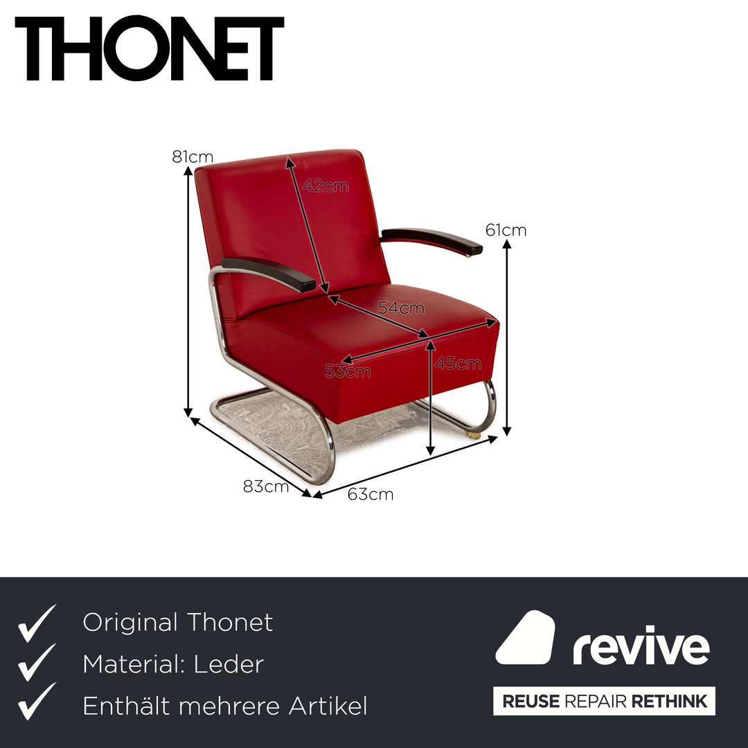 Thonet S411 Leather Armchair Set Red Cantilever Stool