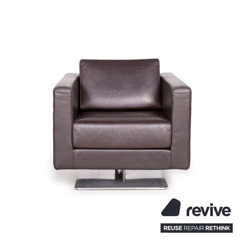 Vitra Park Sessel Swivel mit Standfuß (nicht drehbar) Leder Dunkelbraun Braun Jasper Morrison Aluminium poliert Massivholz 