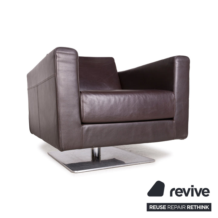 Vitra Park Armchair Swivel with base (non-swivelling) Leather Dark Brown Brown Jasper Morrison Polished Aluminum Solid Wood #3659