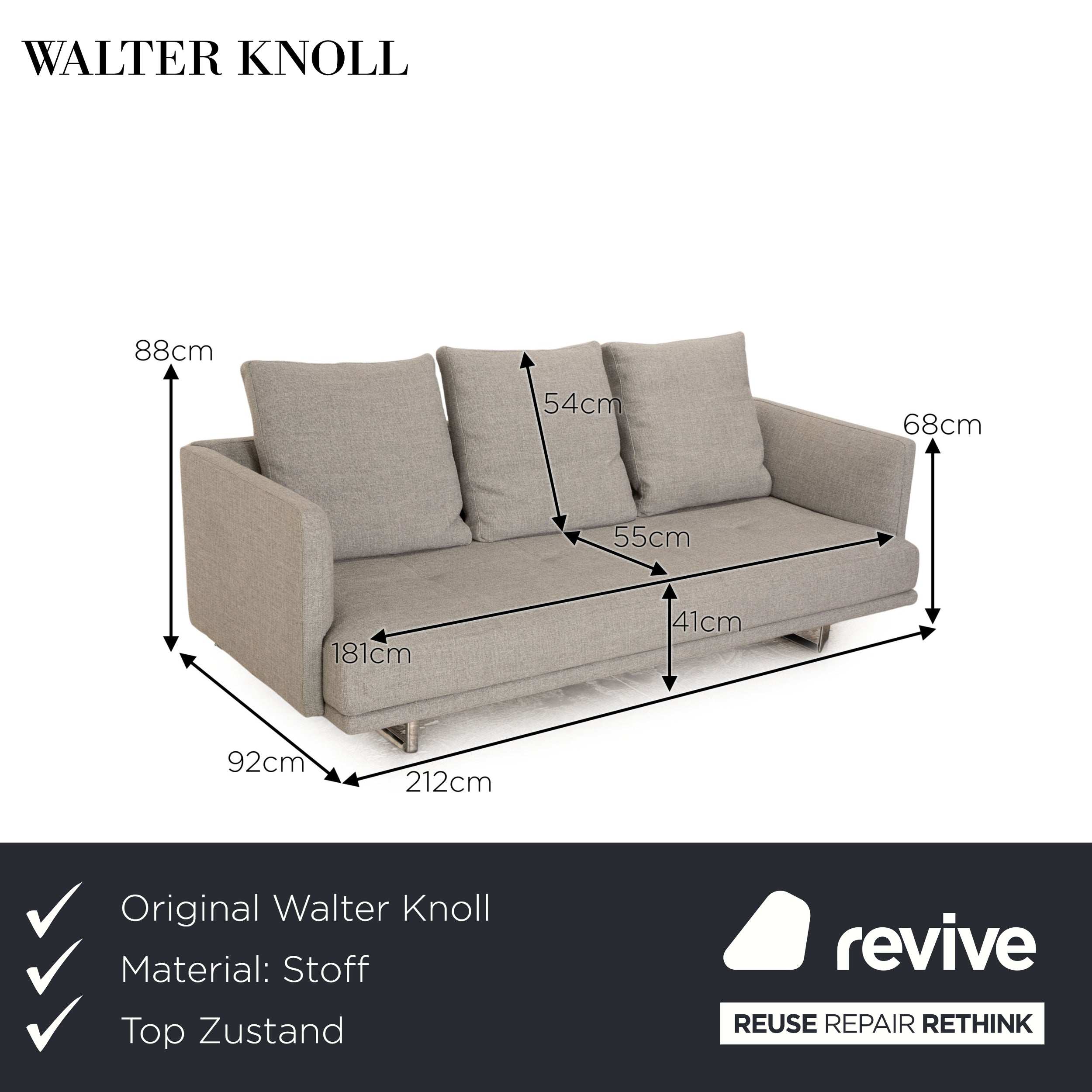 Walter Knoll Prime Time Fabric Three Seater Gray Sofa Couch