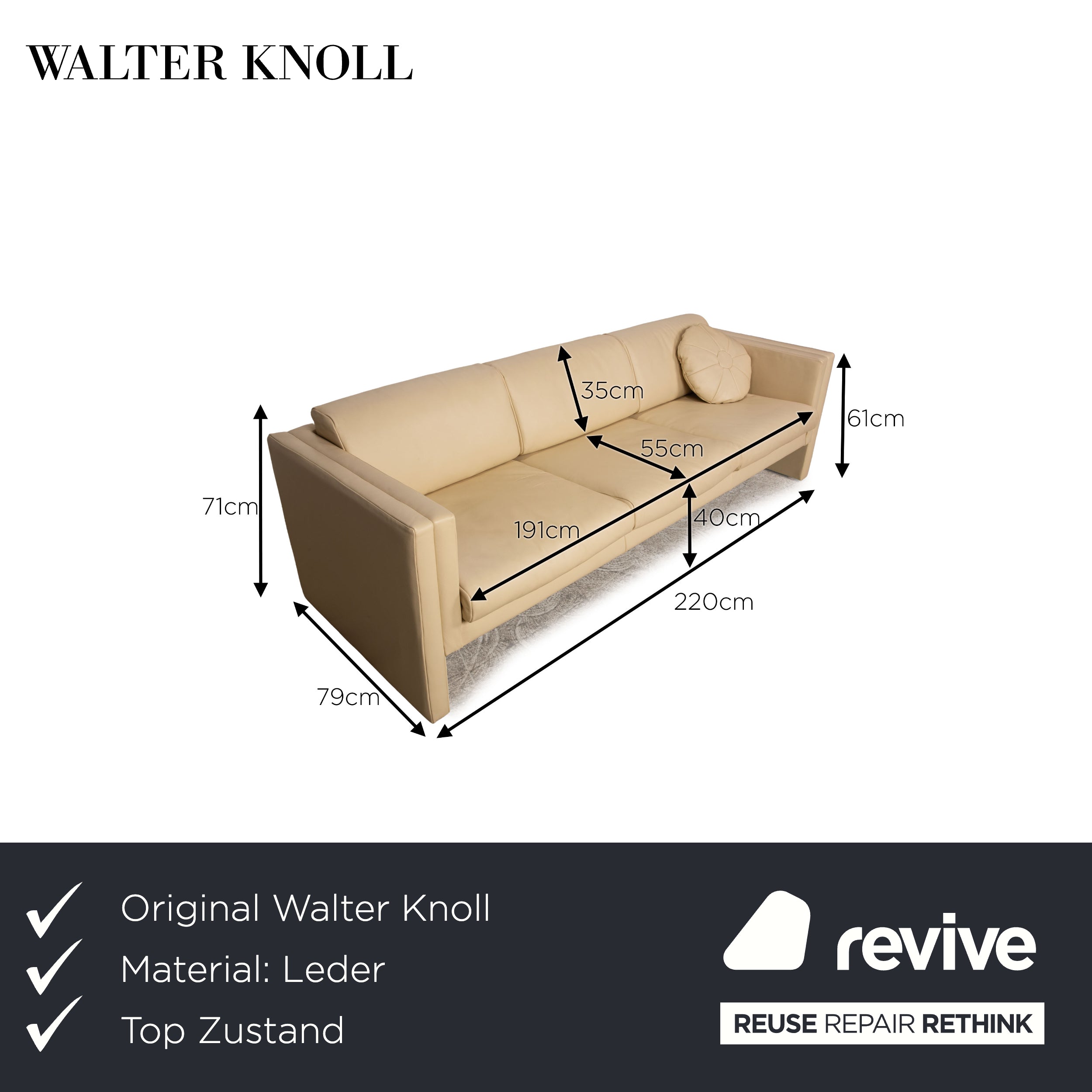 Walter Knoll Studio 191 Leather Three Seater Cream Sofa Couch