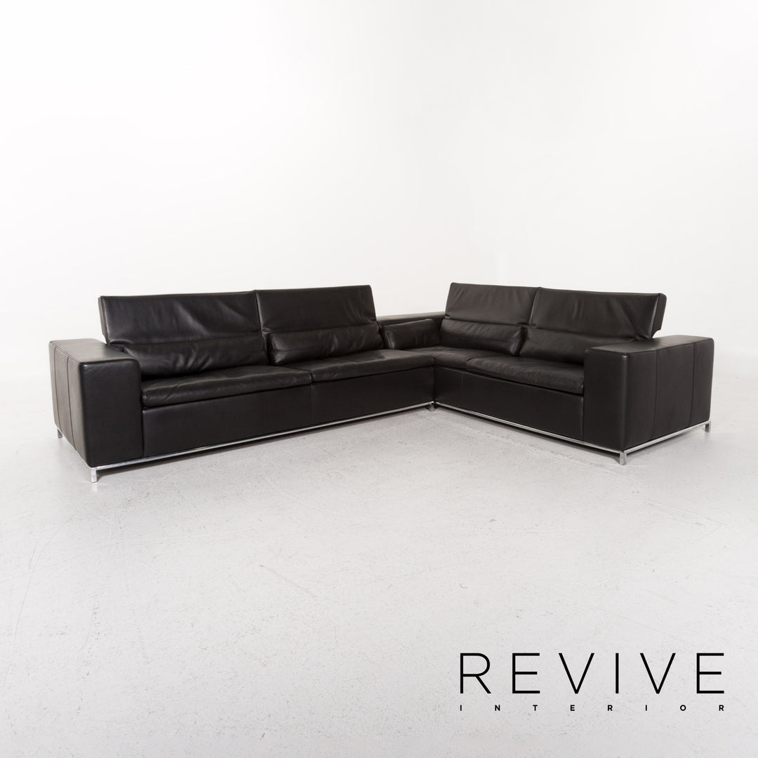 Who's Perfect Boston Leather Corner Sofa Black Sofa Function Couch #13516