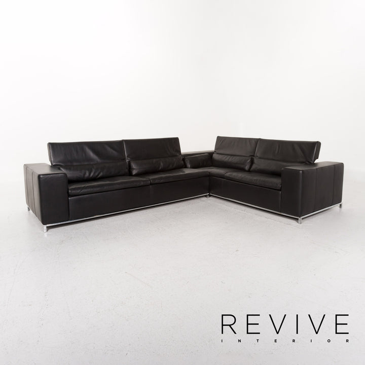 Who's Perfect Boston Leather Corner Sofa Black Sofa Function Couch #13516