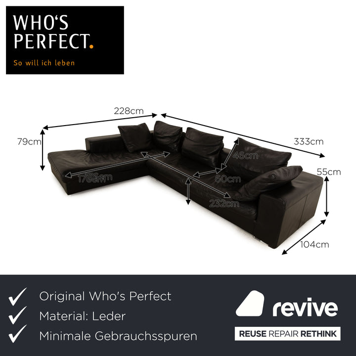 Who's Perfect HALMA Leather Corner Sofa Black Recamiere Left Sofa Couch