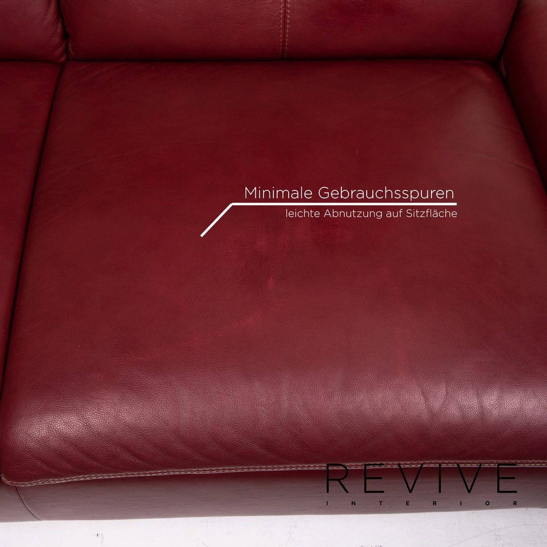 Willi Schillig leather sofa set red wine red 1x two-seater 1x stool function couch #15685