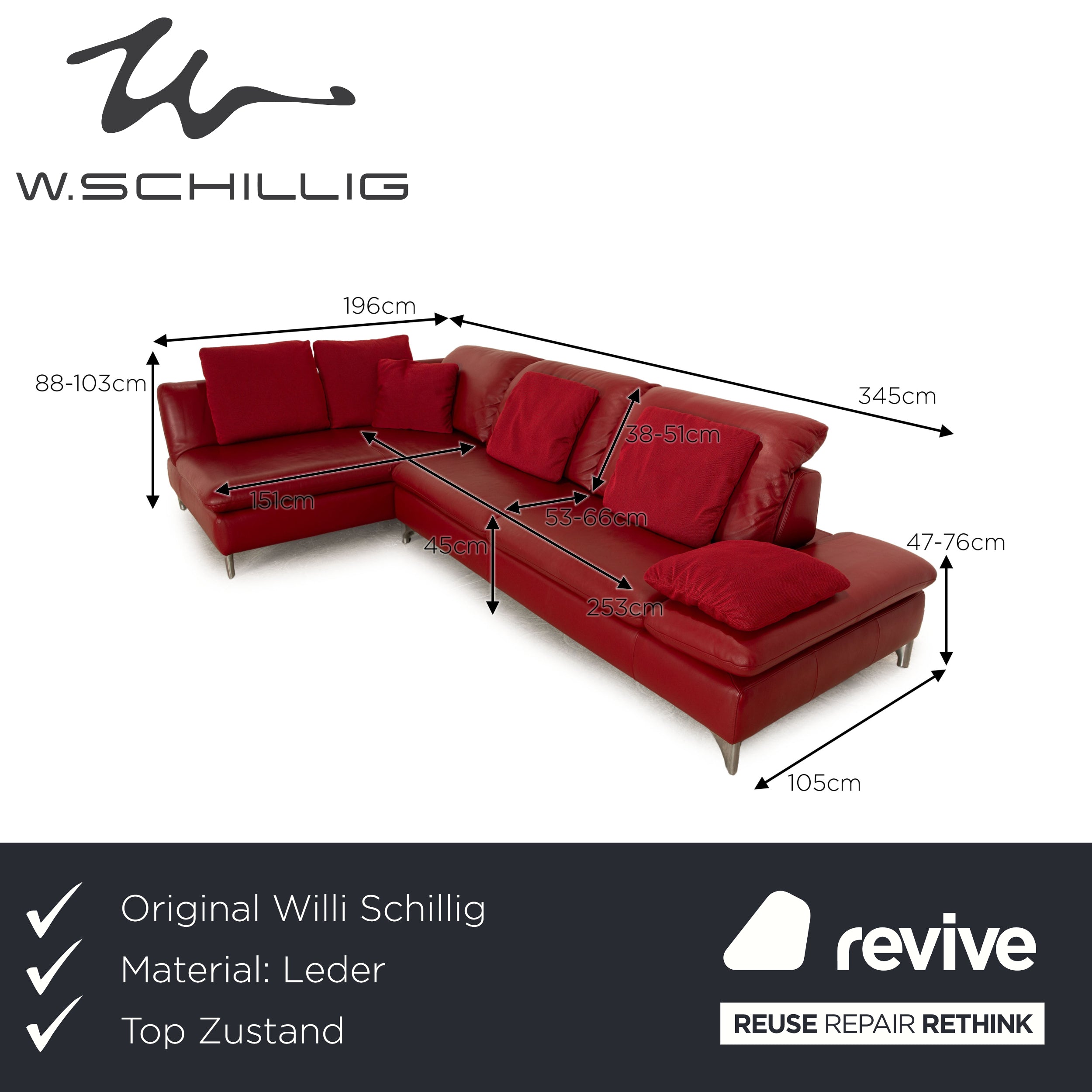 Willi Schillig Taoo Leather Corner Sofa Red Manual Function Recamiere Left Sofa Couch