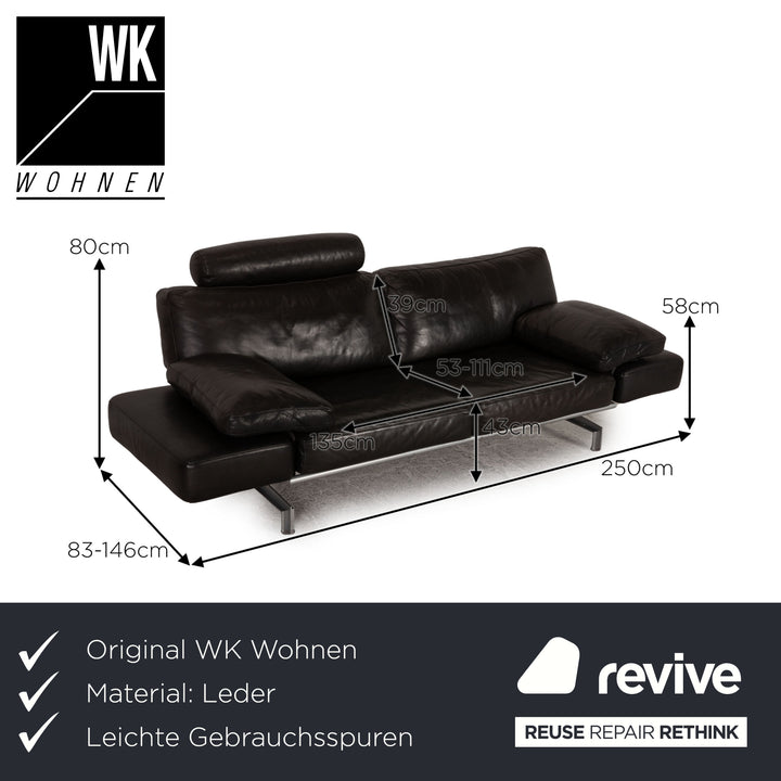 WK Wohnen Gaetano 687 leather two-seater black sofa couch function