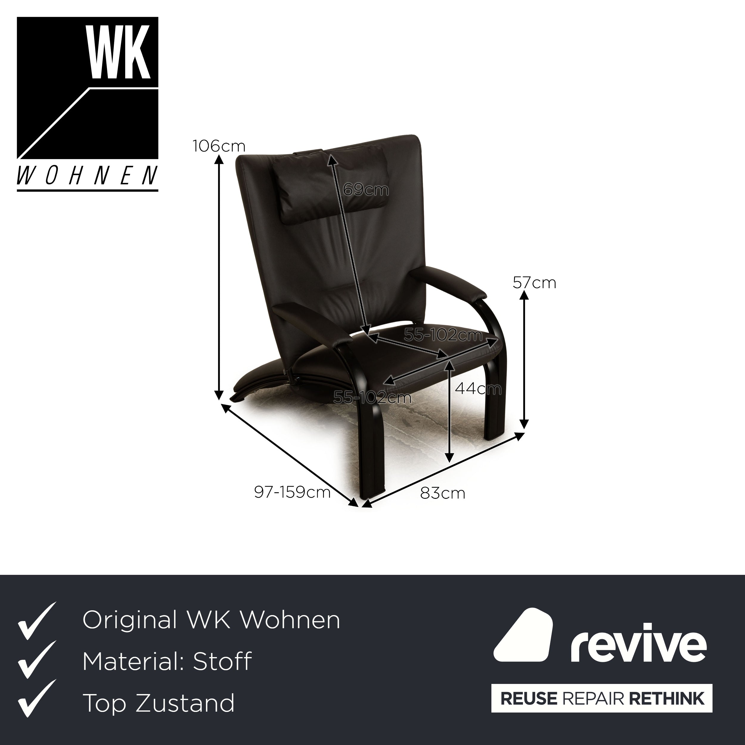 WK Wohnen Spot 689 Stoff Sessel Schwarz manuelle Funktion Neubezug