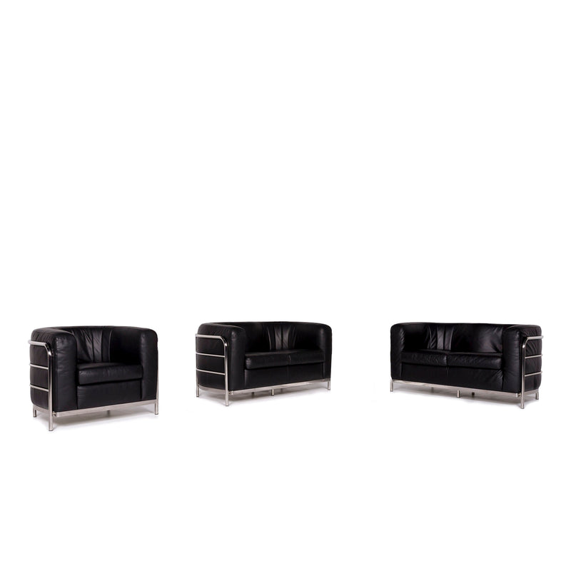 Zanotta Onda Leder Sofa Garnitur Schwarz 2x Zweisitzer 1x Sessel 